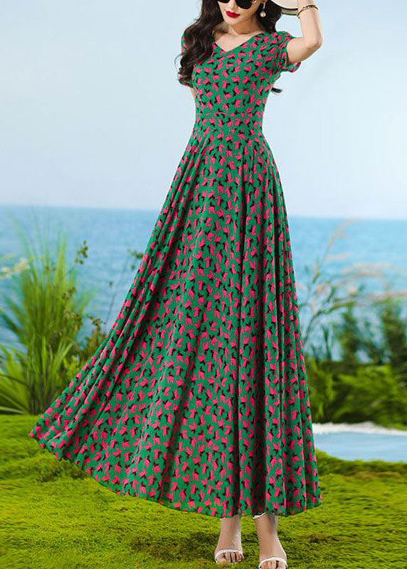 Italian Green Patchwork High Waist Chiffon Maxi Dress Short Sleeve
