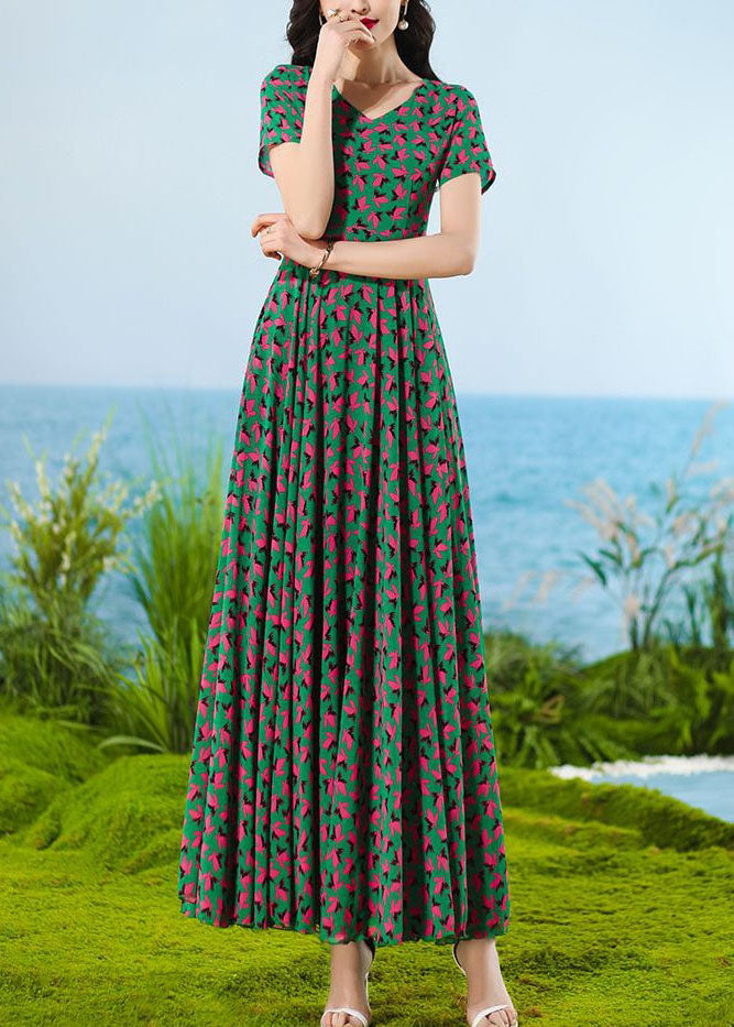 Italian Green Patchwork High Waist Chiffon Maxi Dress Short Sleeve