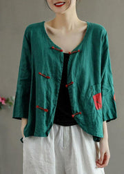 Italian Green Patchwork Pockets Oriental Linen Shirt Top Summer - SooLinen
