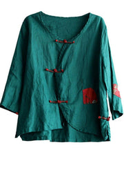 Italian Green Patchwork Pockets Oriental Linen Shirt Top Summer - SooLinen