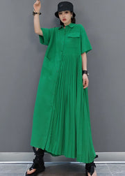 Italian Green Peter Pan Collar Patchwork Wrinkled Solid Color Cotton Shirt Dress Short Sleeve