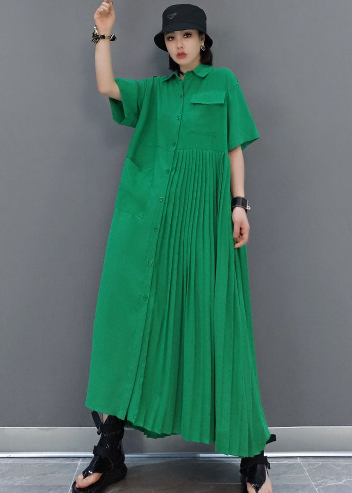 Italian Green Peter Pan Collar Patchwork Wrinkled Solid Color Cotton Shirt Dress Short Sleeve