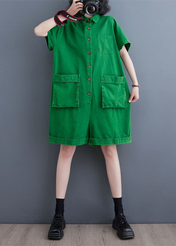 Italian Green Pockets Patchwork Denim Shorts Jumpsuits Summer