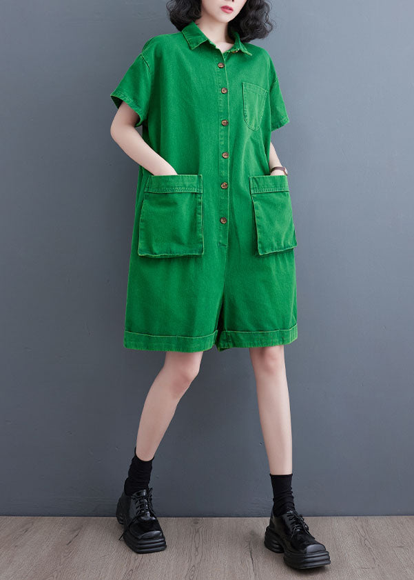 Italian Green Pockets Patchwork Denim Shorts Jumpsuits Summer