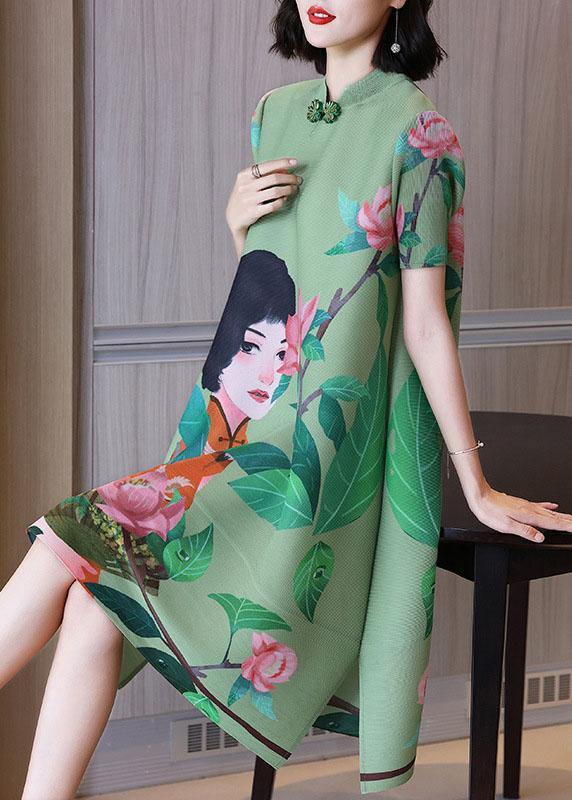 Italian Green Print Oriental Half Sleeve Party Dress Summer - SooLinen