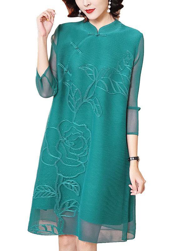 Italian Green Print Oriental Long sleeve Robe Dresses Summer - SooLinen