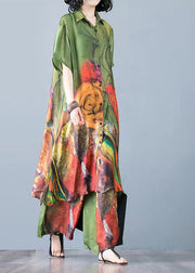 Italienisches Satin-Hemdkleid und Hose mit grünem Druck, zweiteiliges Set mit kurzen Ärmeln