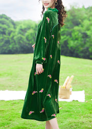 Italian Green Ruffled Embroidered Patchwork Silk Velour Dresses Fall