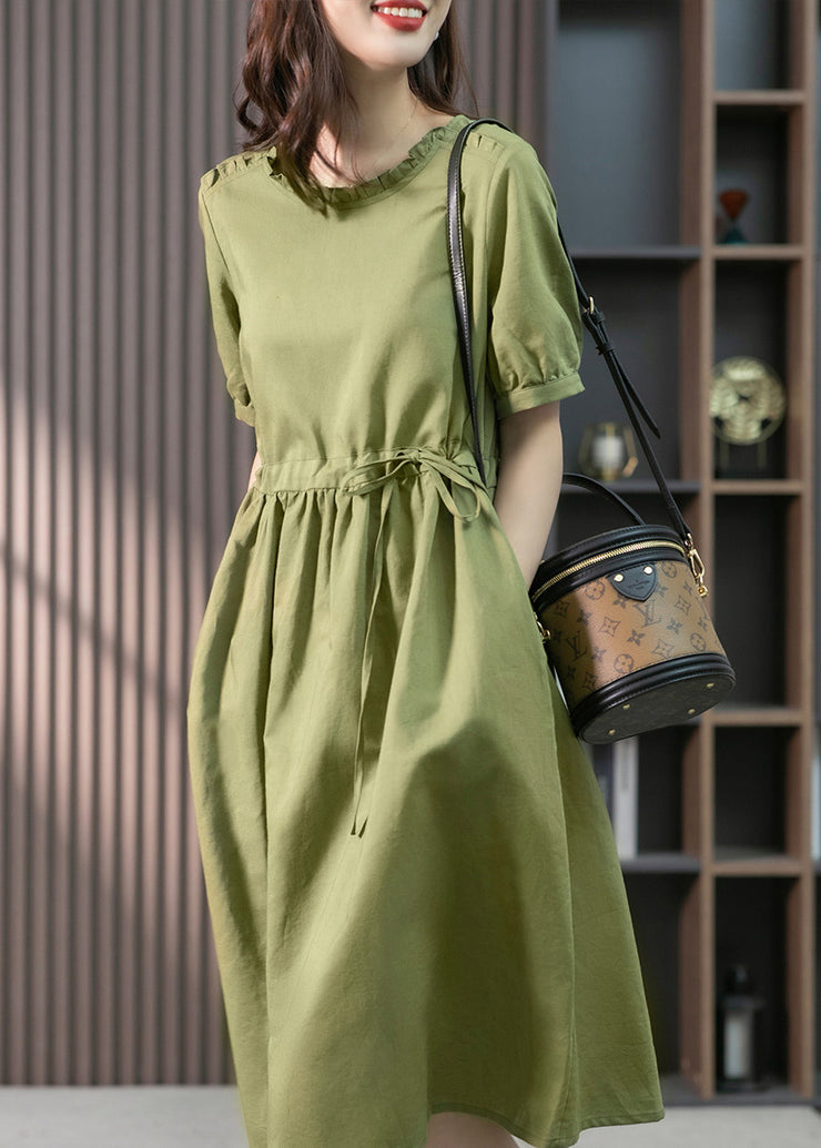Italian Green Ruffled Solid Linen Long Dresses Summer