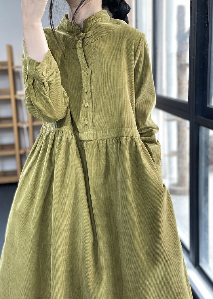 Italian Green Stand Collar Patchwork Corduroy Dress Winter