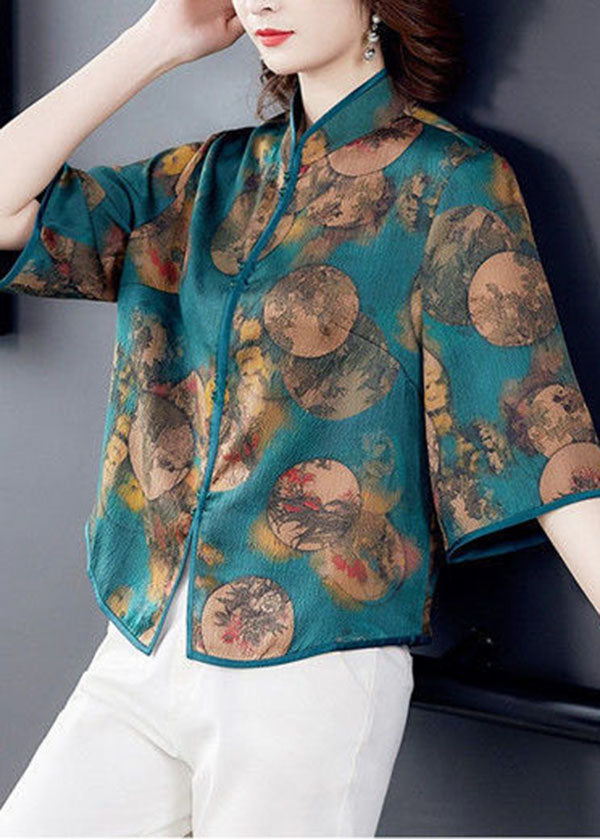 Italian Green Stand Collar Print Silk Blouse Tops Half Sleeve