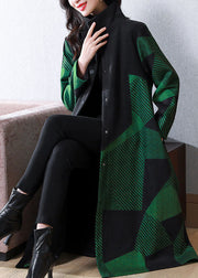 Italian Green Stand Collar Striped Warm Fleece Wool Trench Spring
