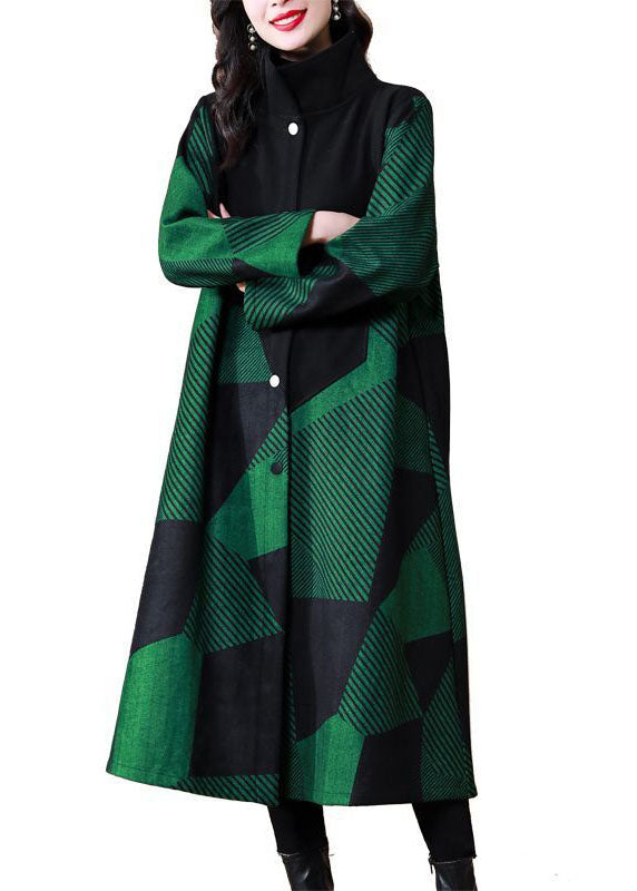 Italian Green Stand Collar Striped Warm Fleece Wool Trench Spring