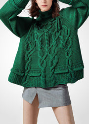 Italian Green Turtle Neck Chunky Oversized Wool Cable Knit Short Sweater Winter