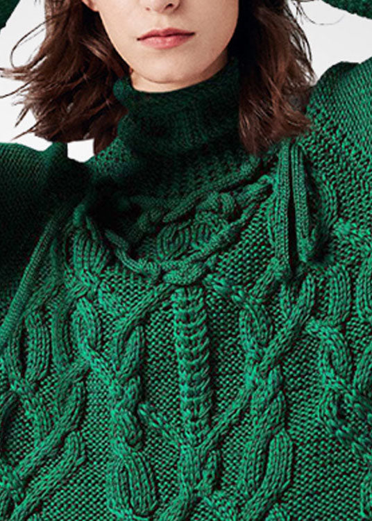 Italian Green Turtle Neck Chunky Oversized Wool Cable Knit Short Sweater Winter