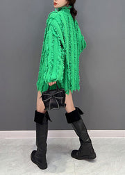 Italian Green Turtle Neck Oversized Tassel Knit Top Lantern Sleeve