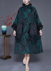 Italian Green Turtle Neck Patchwork Jacquard Silk Maxi Dresses Spring