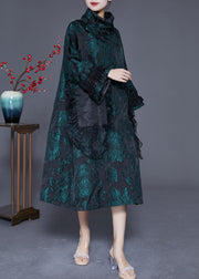 Italian Green Turtle Neck Patchwork Jacquard Silk Maxi Dresses Spring