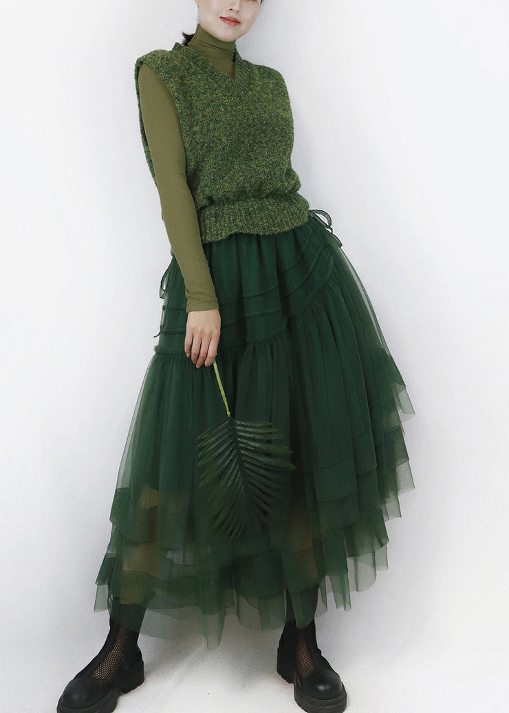 Italian Green V Neck Asymmetrical Tulle Patchwork Knit Long Dress Fall