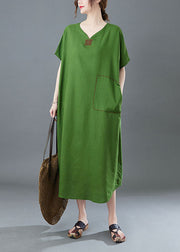 Italian Green V Neck Embroidered Patchwork Linen Long Dresses Summer