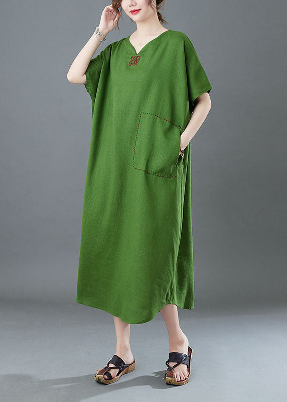 Italian Green V Neck Embroidered Patchwork Linen Long Dresses Summer