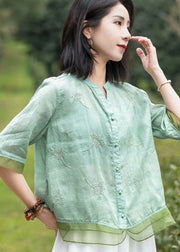Italian Green V Neck Embroidered Tulle Patchwork Linen Tops Summer