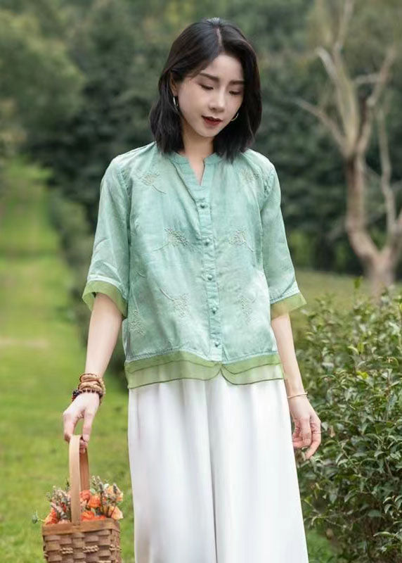 Italian Green V Neck Embroidered Tulle Patchwork Linen Tops Summer