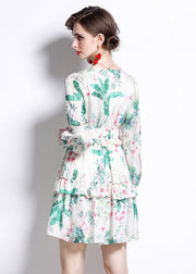 Italian Green V Neck Ruffled Print Patchwork Chiffon Mid Dress Fall