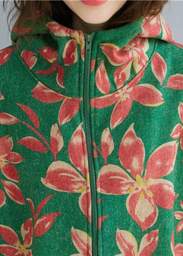 Italian Green Zip Up Print Warm Fleece Hoodie Coat Winter