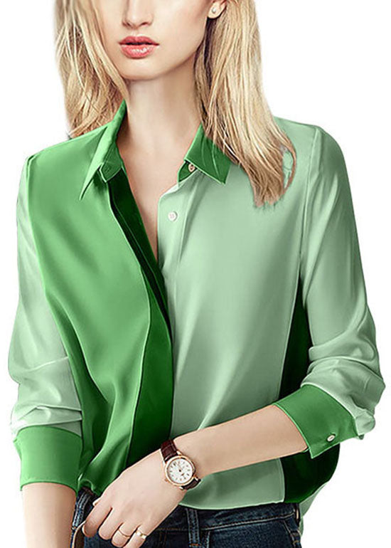 Italian Green button Peter Pan Collar Patchwork Blouse Top Long Sleeve