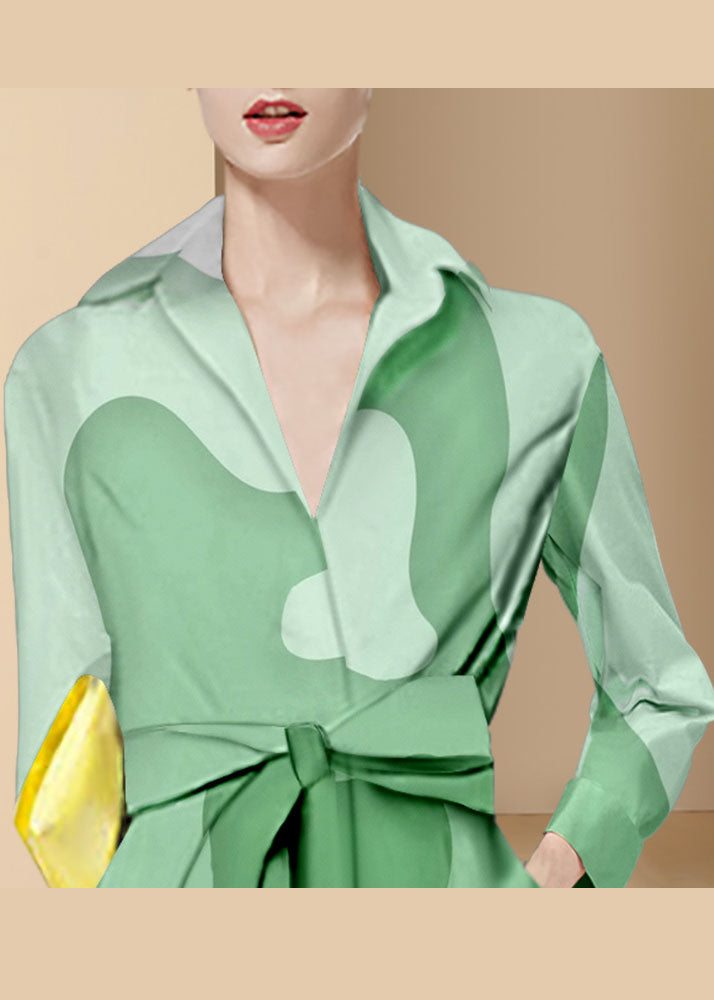 Italian Green tie waist Peter Pan Collar Print shirt Dresses Long Sleeve