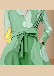 Italian Green tie waist Peter Pan Collar Print shirt Dresses Long Sleeve