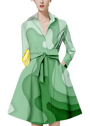 Italienische grüne Krawatte Taille Peter Pan-Kragen-Print-Hemd-Kleider Langarm