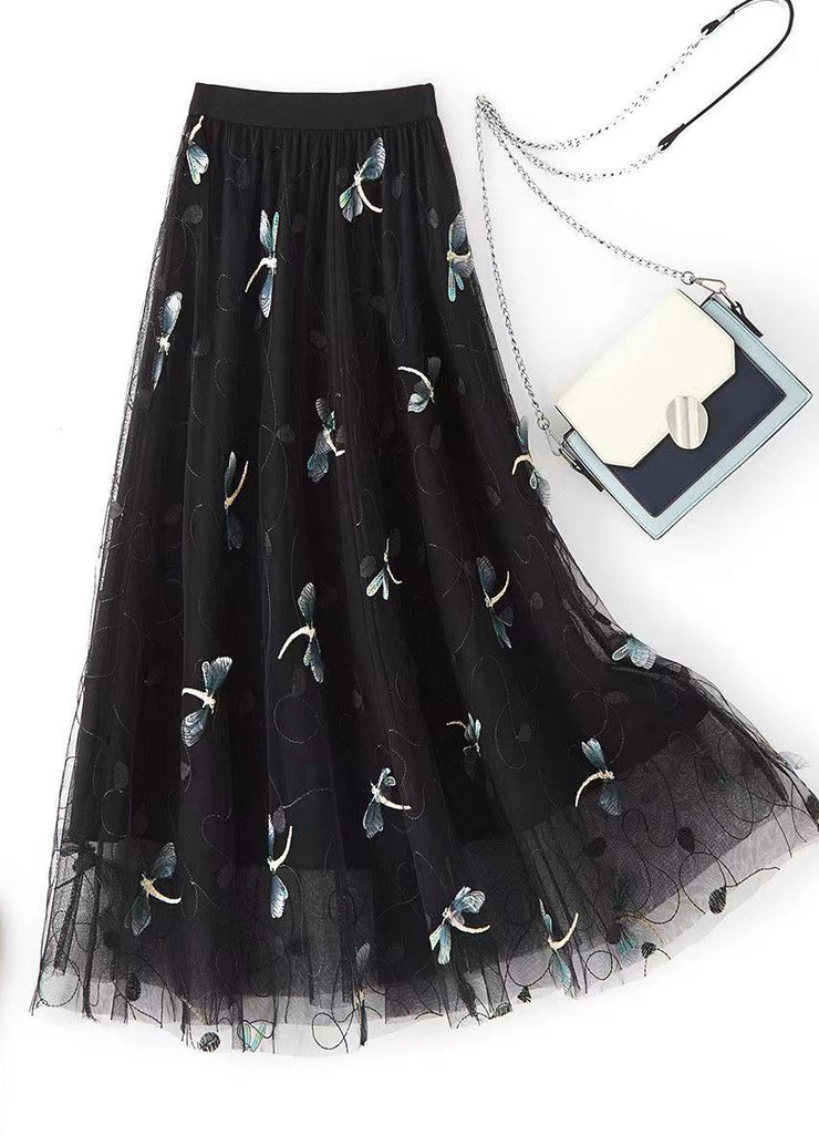 Italian Grey Embroidered Wrinkled Elastic Waist Tulle Skirts Spring