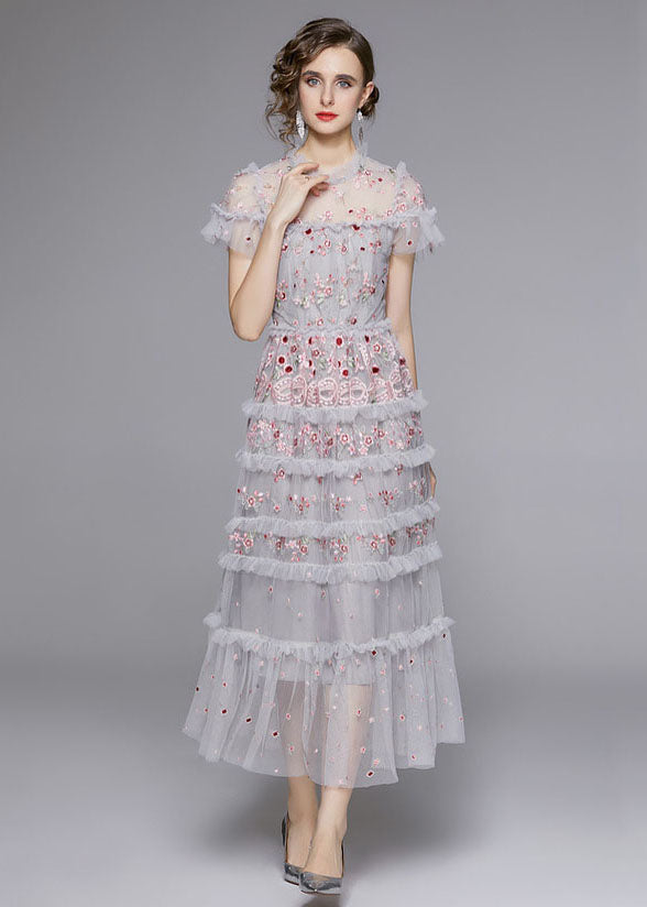 Italian Grey Embroidered Ruffled Patchwork Tulle Long Dresses Summer