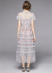 Italian Grey Embroidered Ruffled Patchwork Tulle Long Dresses Summer