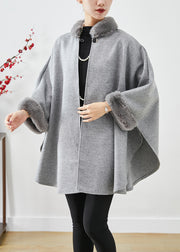 Italian Grey Fur Collar Oversized Woolen Coats Batwing Sleeve