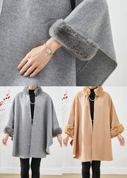 Italian Grey Fur Collar Oversized Woolen Coats Batwing Sleeve
