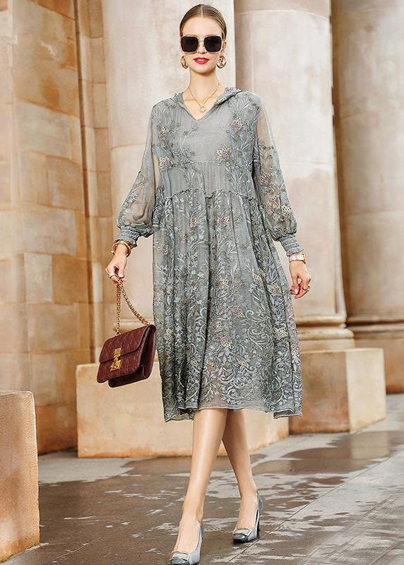 Italian Grey Hooded Embroidered Patchwork Tulle Dresses Spring