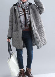 Italian Grey Hooded Pockets Patchwork Fine Cotton Filled Coat Winter