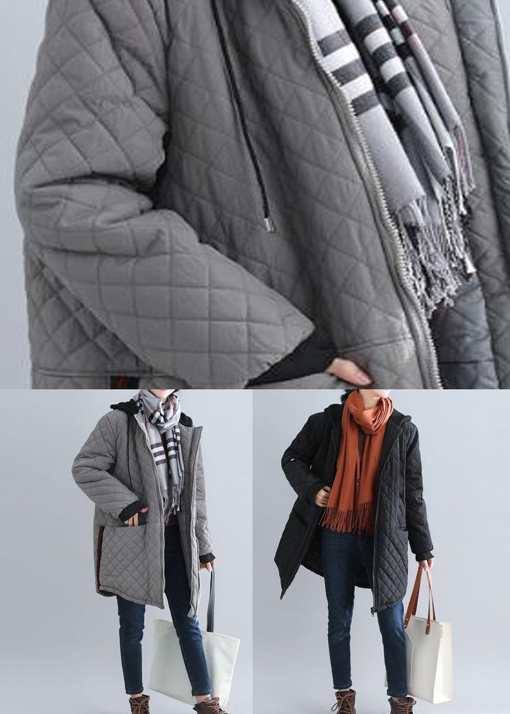 Italian Grey Hooded Pockets Patchwork Fine Cotton Filled Coat Winter