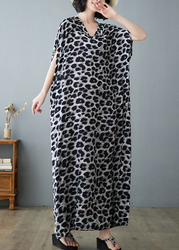 Italian Grey Leopard Print Oversized Linen Maxi Dress Summer