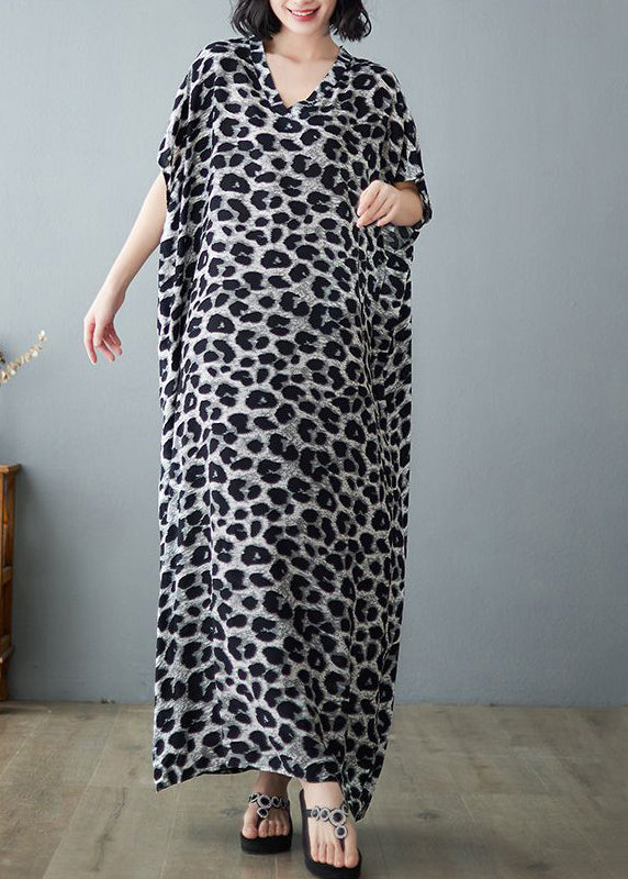 Italian Grey Leopard Print Oversized Linen Maxi Dress Summer