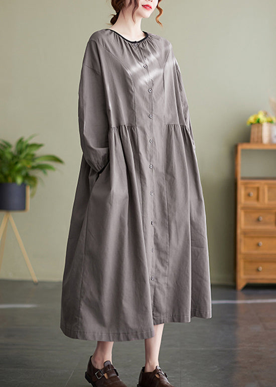Italian Grey O-Neck Button Cinched Long Dress Long Sleeve