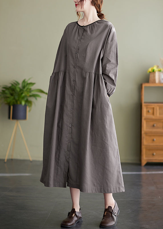 Italian Grey O-Neck Button Cinched Long Dress Long Sleeve