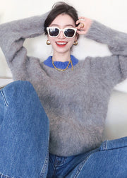 Italian Grey O Neck Mink Hair Knitted Sweater Tops Spring