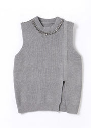 Italian Grey O Neck Nail Bead Side Open Knit Vest Sleeveless
