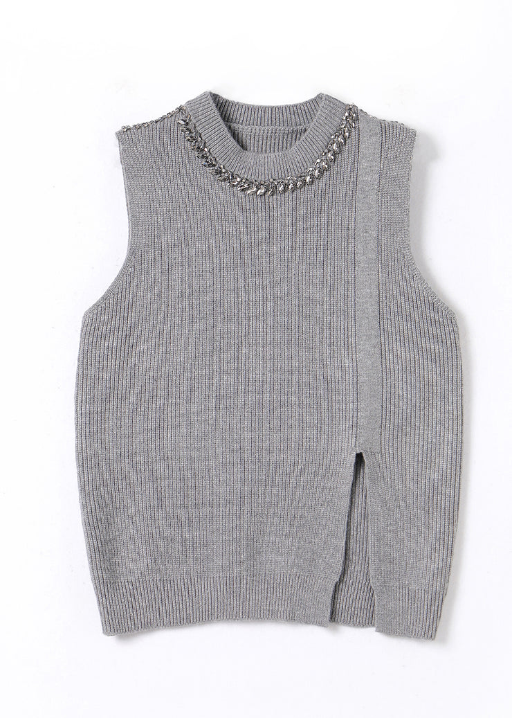 Italian Grey O Neck Nail Bead Side Open Knit Vest Sleeveless