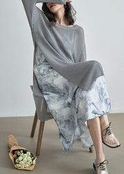Italian Grey O Neck Side Open Patchwork Knit Dress Fall