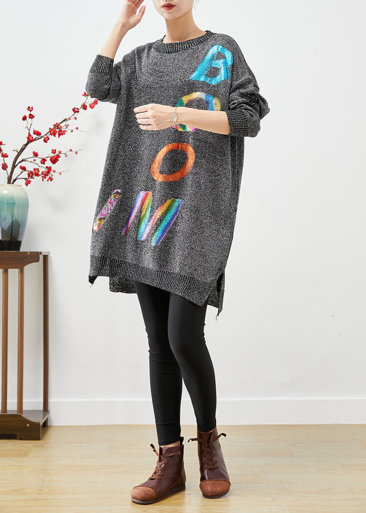 Italian Grey Oversized Letter Print Knit Sweater Dress Fall
